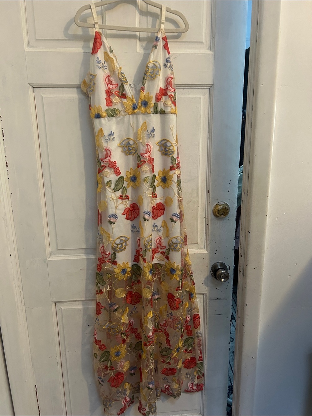 White Floral Embroidered Maxi Dress with Red & Yellow Blooms